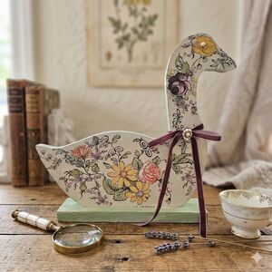 Upcycled Wood Goose Decor – Hand-Painted Botanical Folk Art Ribbon Accent